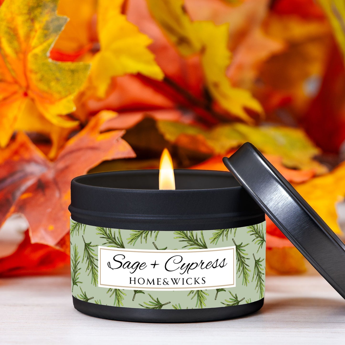 Sage & Cypress Coconut Soy Wax Candle, 4 oz. Black Tin Jar with Lid - Aromatic Scented Candle, Captivating Scented Candle, Fall Candle
