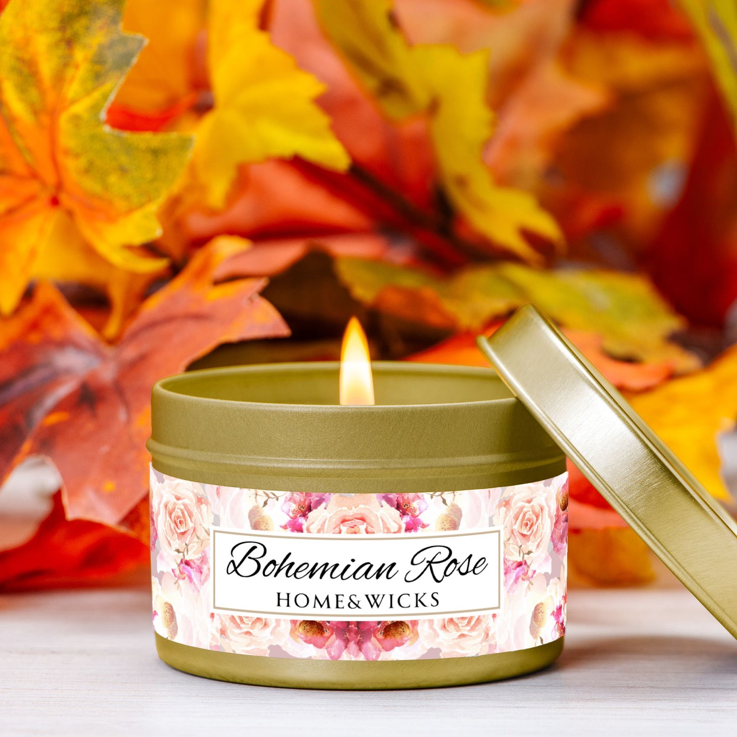 Bohemian Rose Coconut Soy Wax Candle, 4 oz. Gold Tin Jar with Lid - Rose Scented Candle, Floral Candle, Valentines Day Gift