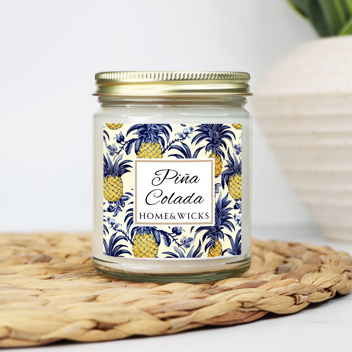 Piña Colada Coconut Apricot Wax Candle, 9 oz. Clear Jar with Gold Lid - Tropical Scented Candle, Fruity Candle, Tropical Decor