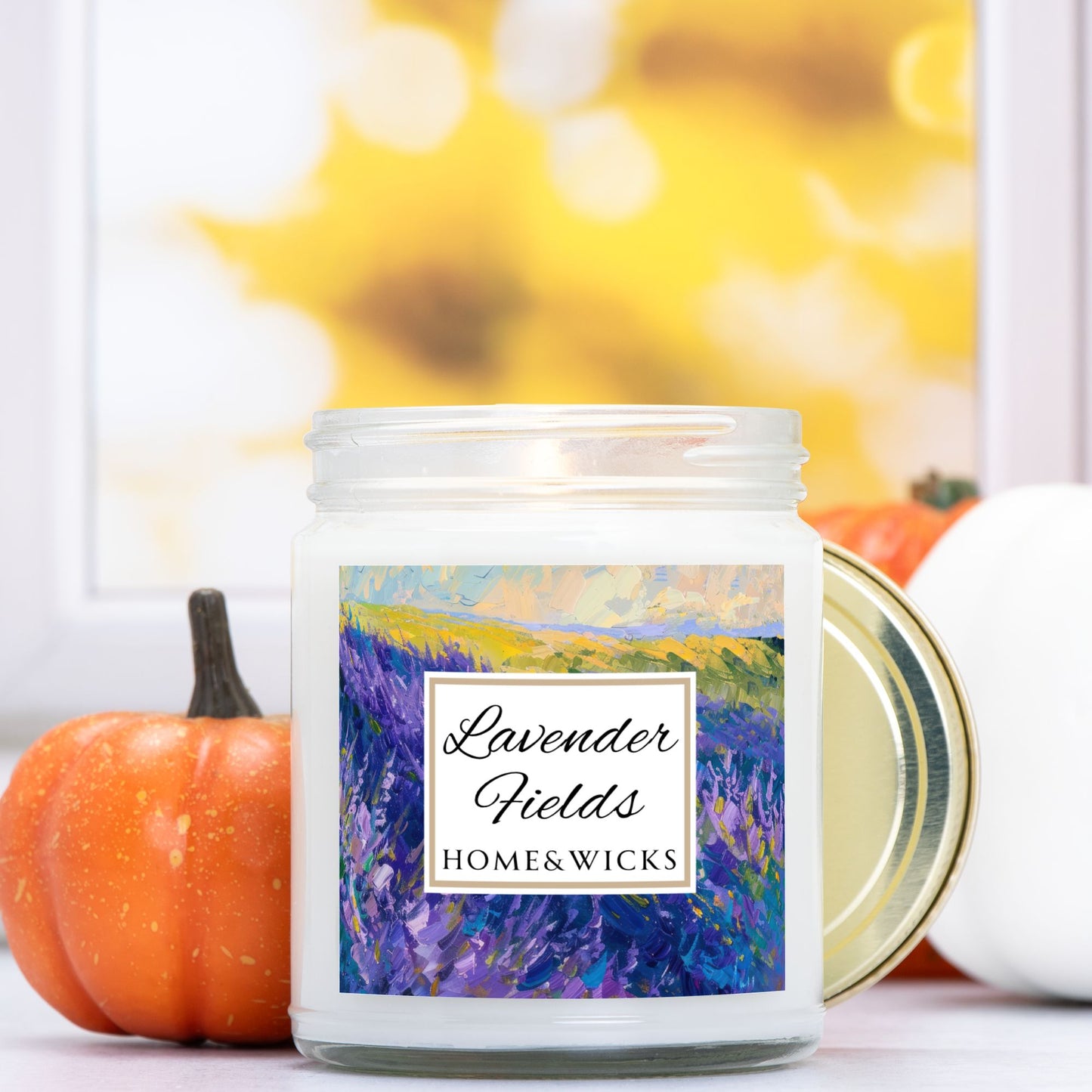 Lavender Fields Coconut Apricot Wax Candle, 9 oz. Clear Jar with Gold Lid - Lavender Scented Candle, Lavender Home Decor, Spa Floral Candle