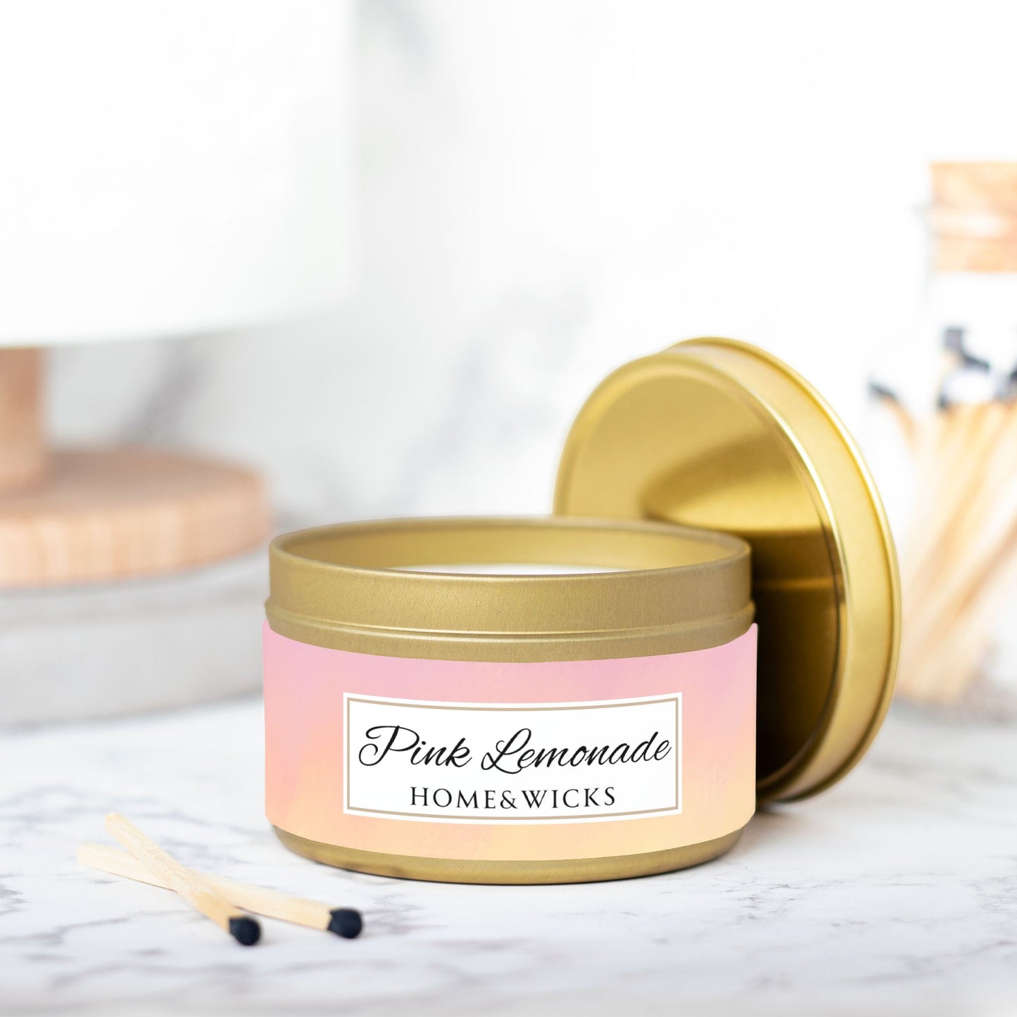 Pink Lemonade Coconut Soy Wax Candle, 8 oz. Gold Tin Jar with Lid - Fruity Scented Candle, Gourmand Candle, Summer Decor