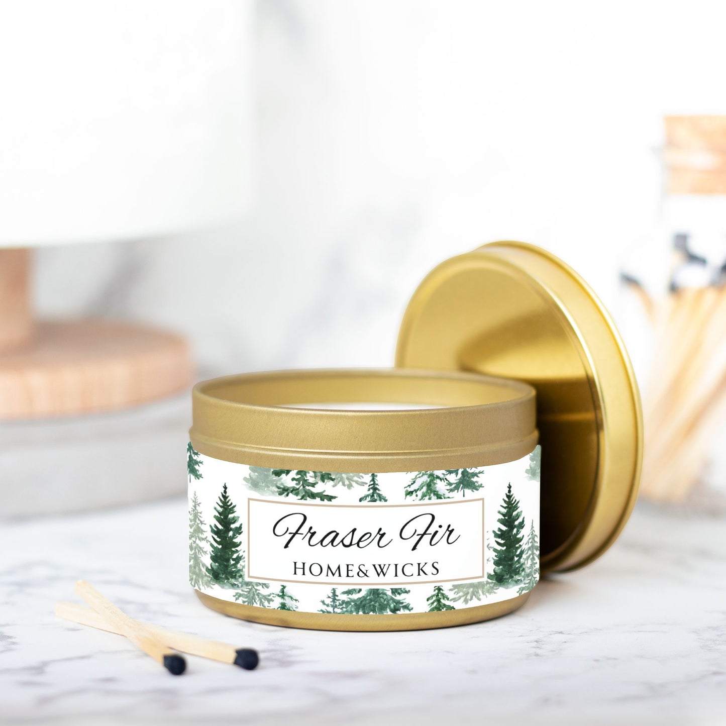 Fraser Fir Coconut Soy Wax Candle, 8 oz. Gold Tin Jar with Lid - Christmas Candle, Holiday Decor, Winter Candle