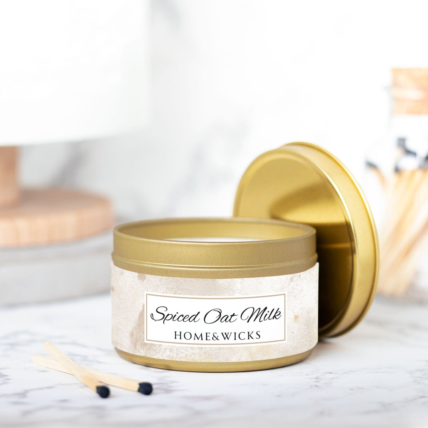 Spiced Oat Milk Scented Coconut Soy Wax Candle, 8 oz. Gold Tin Jar with Lid - Cinnamon Scented Candle, Cozy Candle, Gourmand Spice Candle