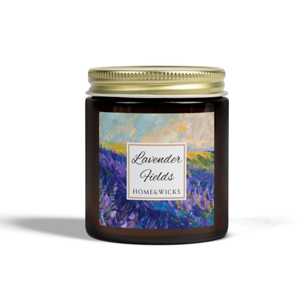 Lavender Fields Scented Coconut Apricot Wax Candle, 9 oz. Amber Jar with Gold Lid - Lavender Scented Candle, Home Decor, Spa Floral Candle