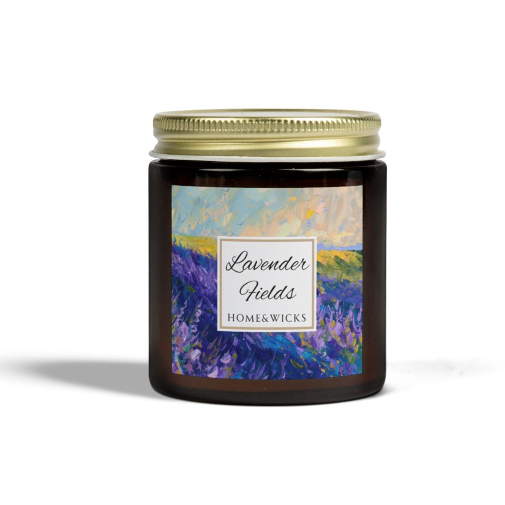 Lavender Fields Scented Coconut Apricot Wax Candle, 4 oz. Amber Jar with Gold Lid - Lavender Scented Candle, Home Decor, Spa Floral Candle
