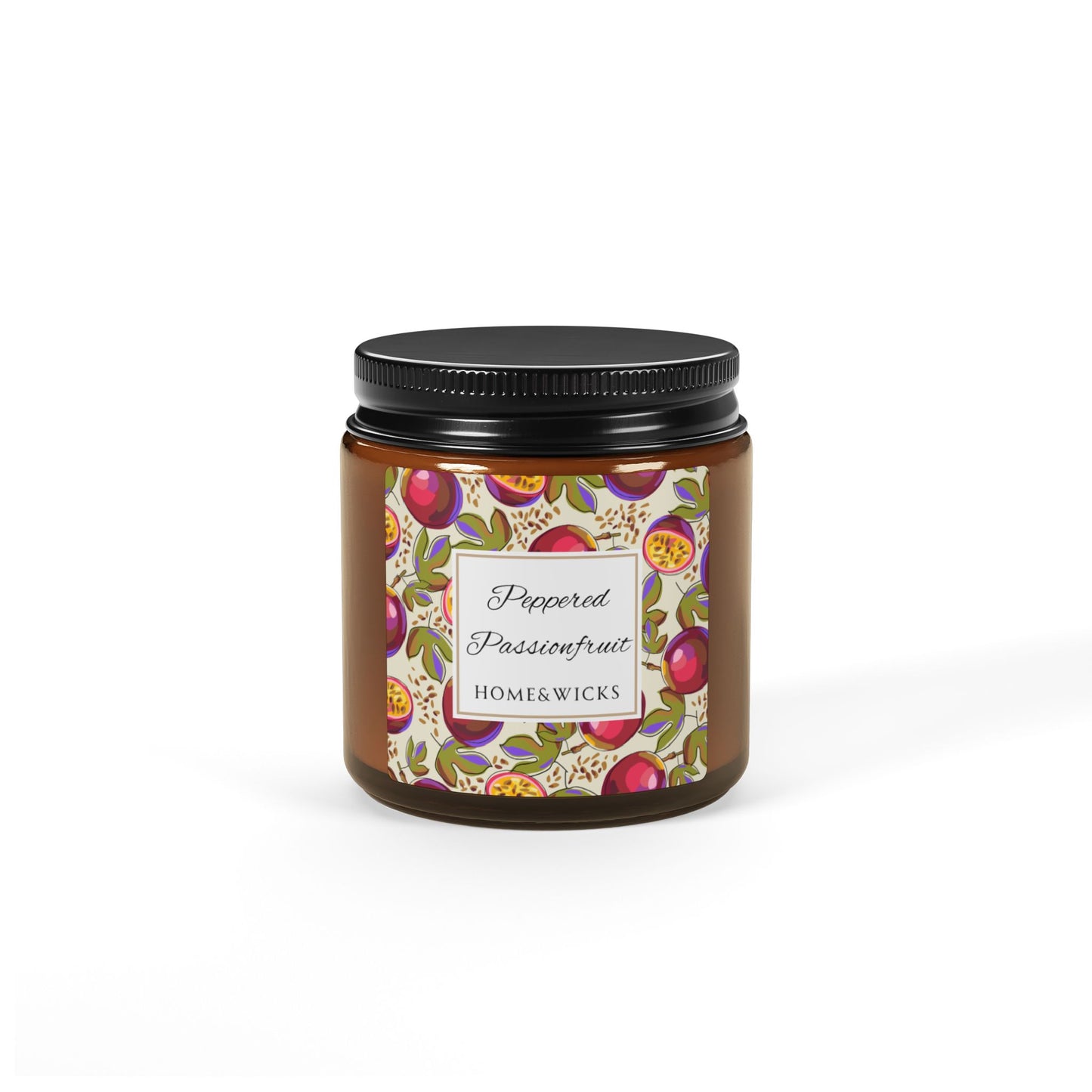 Home & Wicks candle jar with peppered passionfruit label on a white background