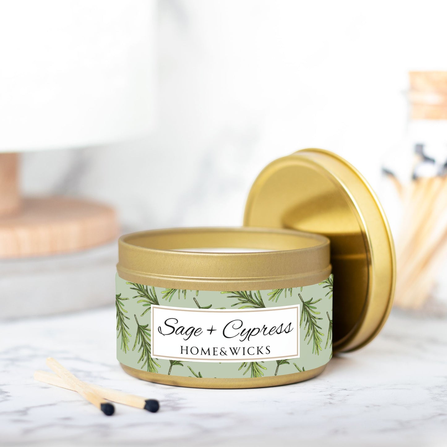 Sage & Cypress Coconut Soy Wax Candle, 8 oz. Gold Tin Jar with Lid - Aromatic Scented Candle, Captivating Scented Candle, Fall Candle