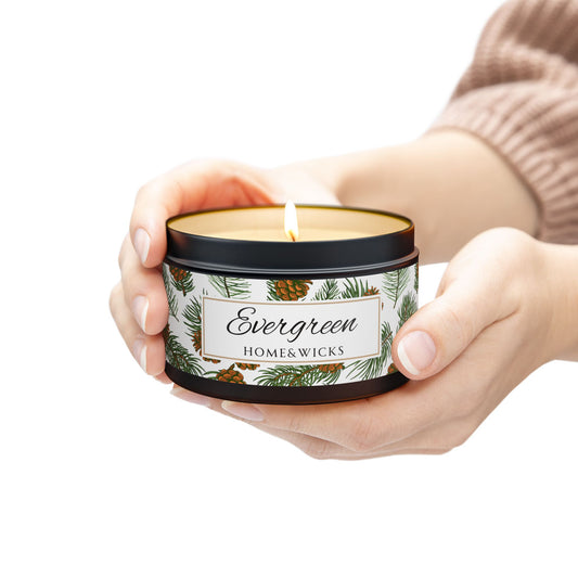 Evergreen Scented Coconut Soy Wax Candle, 8 oz. Black Tin Jar with Lid - Winter Home Decor, Seasonal Candles for Holiday Celebrations, Christmas Candle