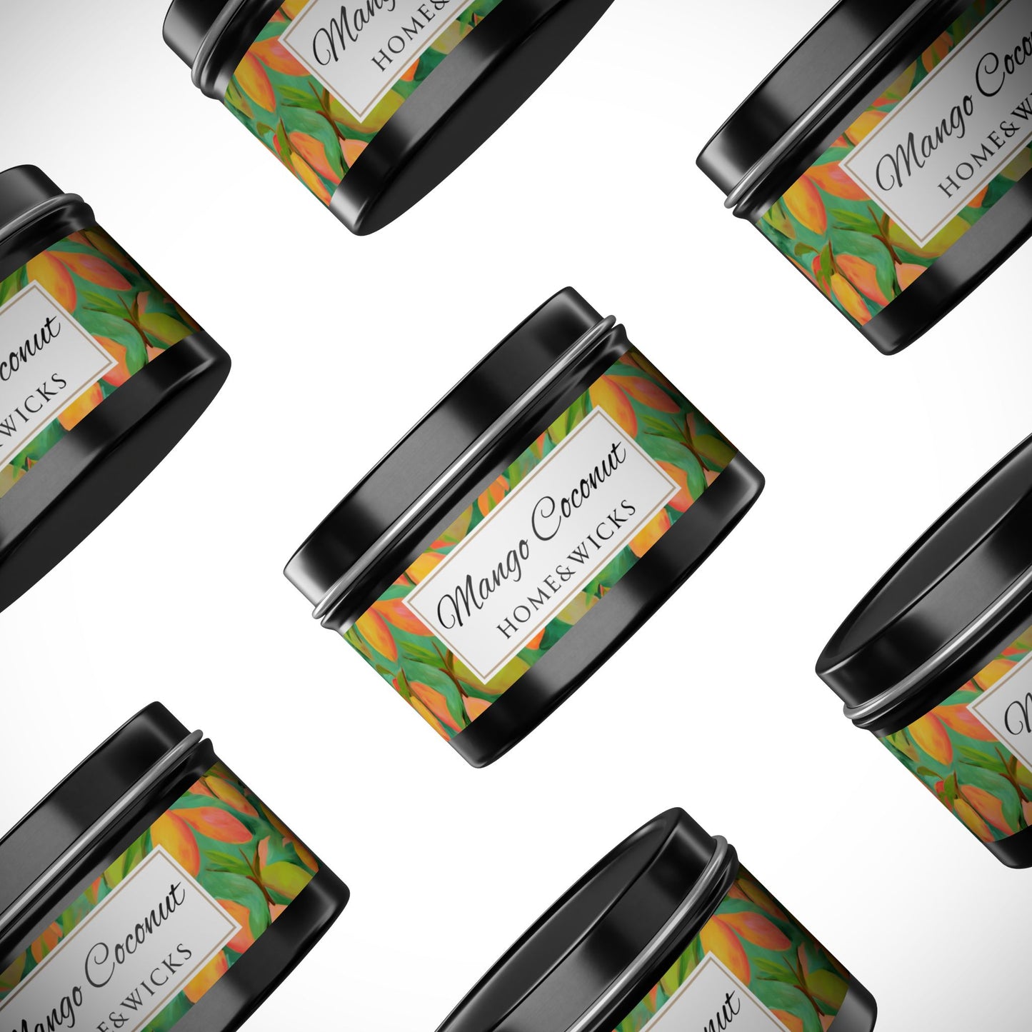 Mango Coconut Scented Coconut Apricot Wax Candle, 4 oz. Black Tin Jar with Lid - Fruity Candle, Gift for Her, Tropical Candle, Summer Decor