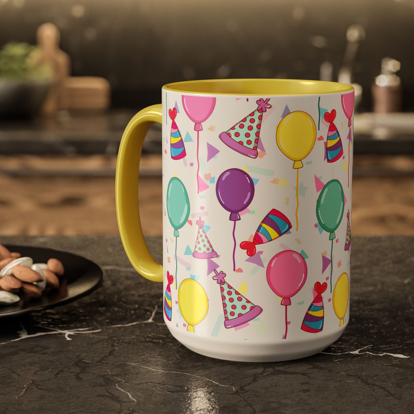 Happy Birthday mug with yellow accent color with birthday hats, confetti and balloons pattern on a white background on a dark table