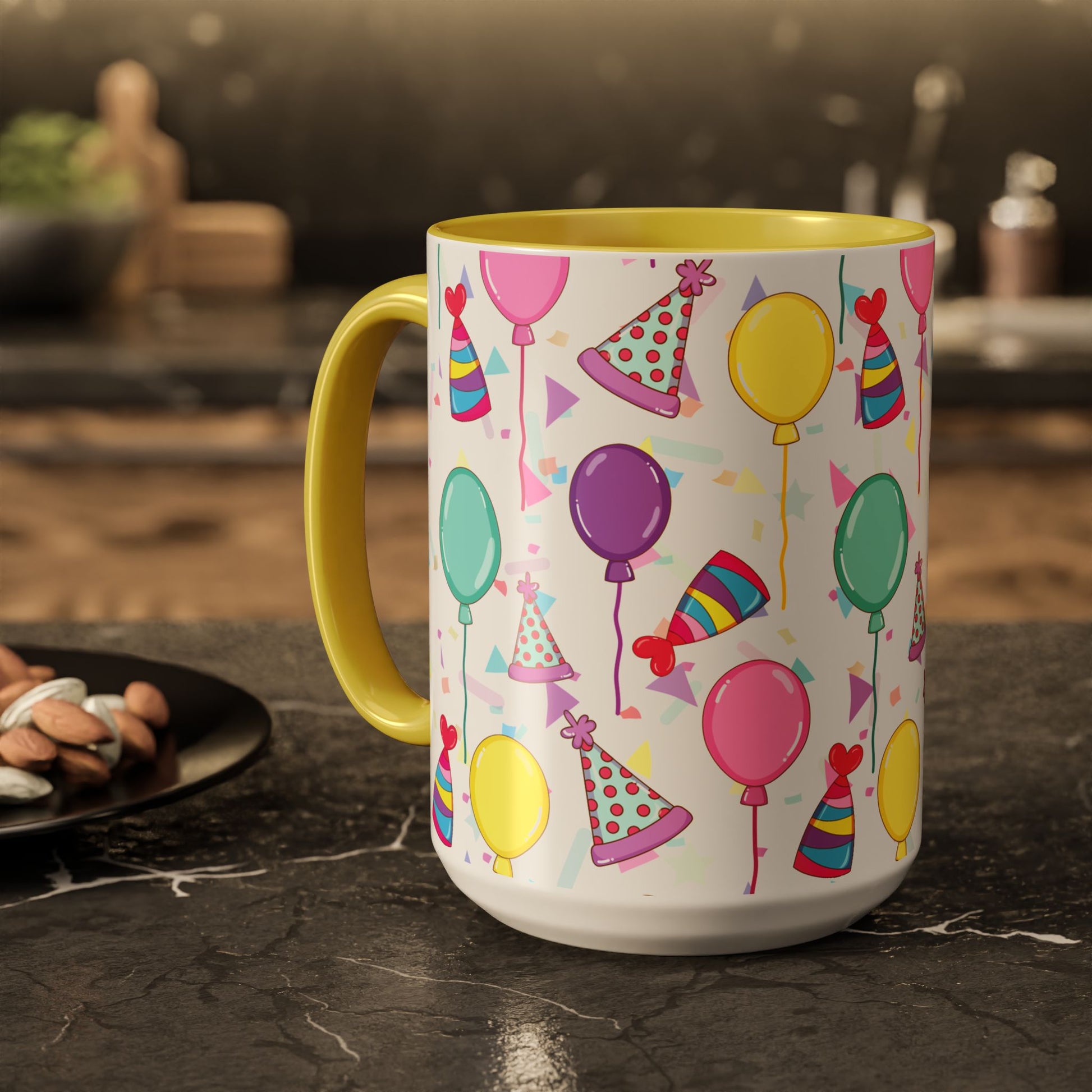 Happy Birthday mug with yellow accent color with birthday hats, confetti and balloons pattern on a white background on a dark table