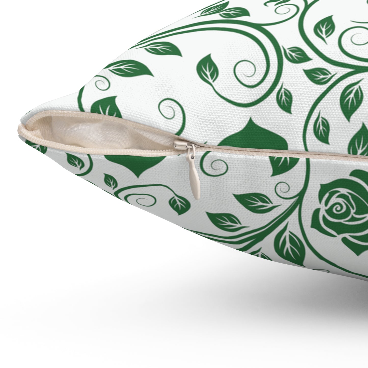 Pillow with green rose pattern on a white background