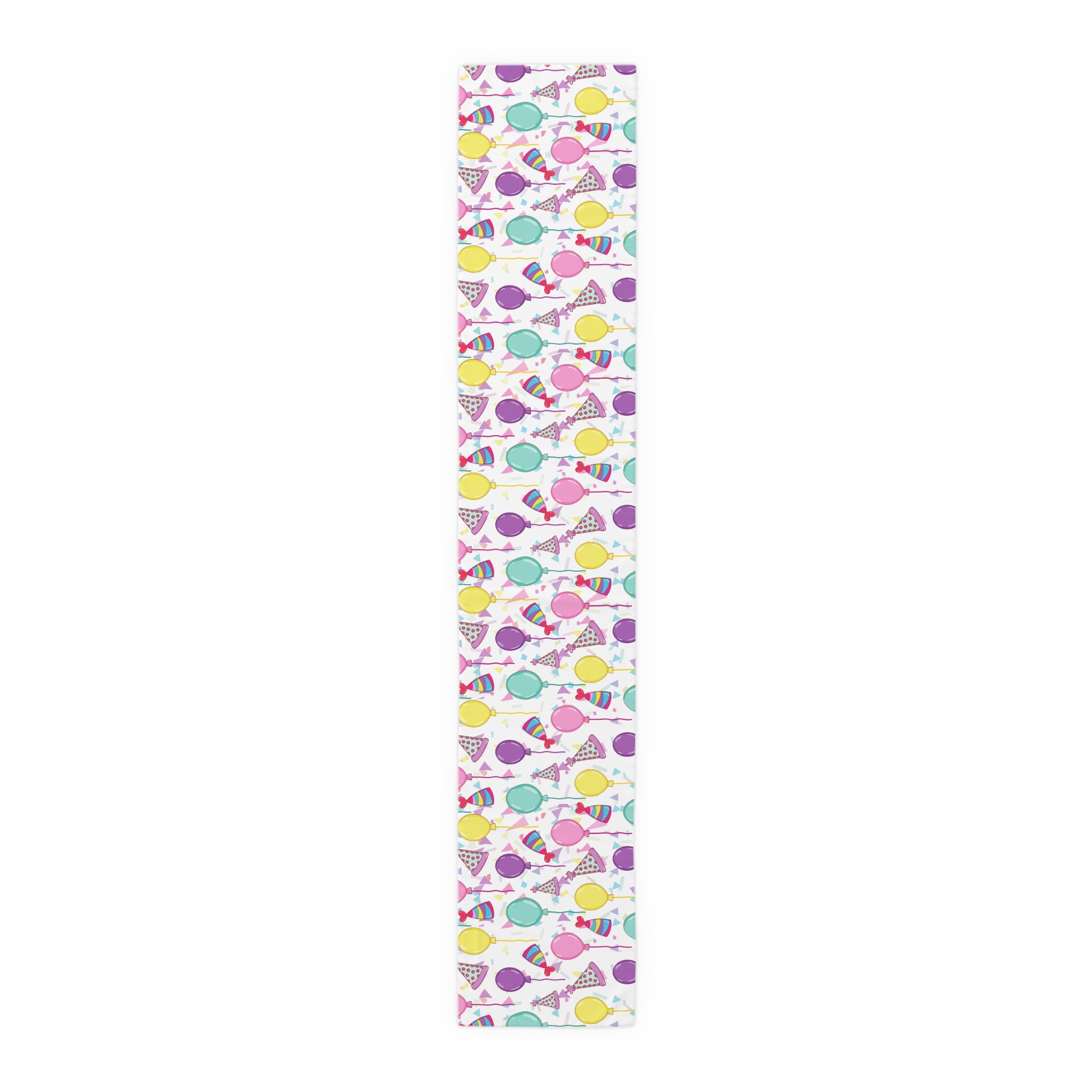 Table runner with birthday hats, confetti and purple, yellow, blue and pink balloons on a white background