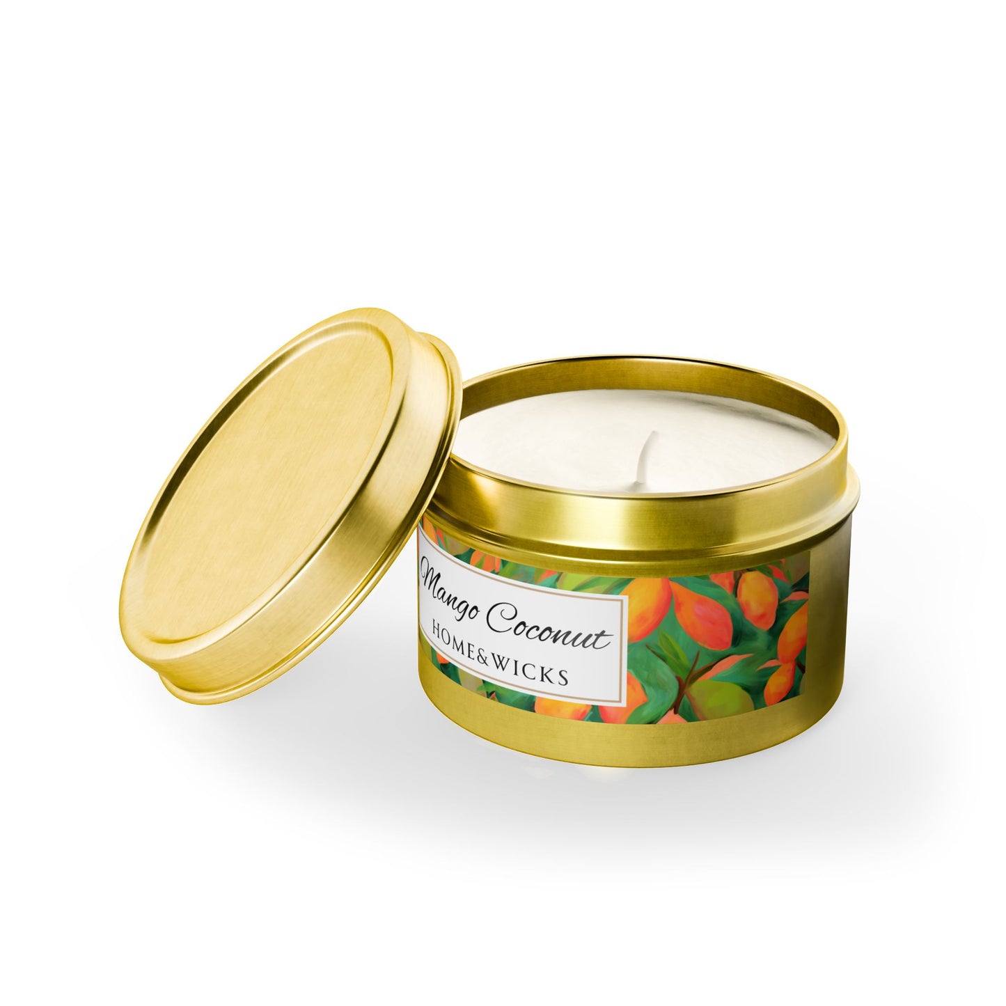 Mango Coconut Scented Coconut Apricot Wax Candle, 4 oz. Gold Tin Jar with Lid - Fruity Candle, Gift for Her, Tropical Candle, Summer Decor