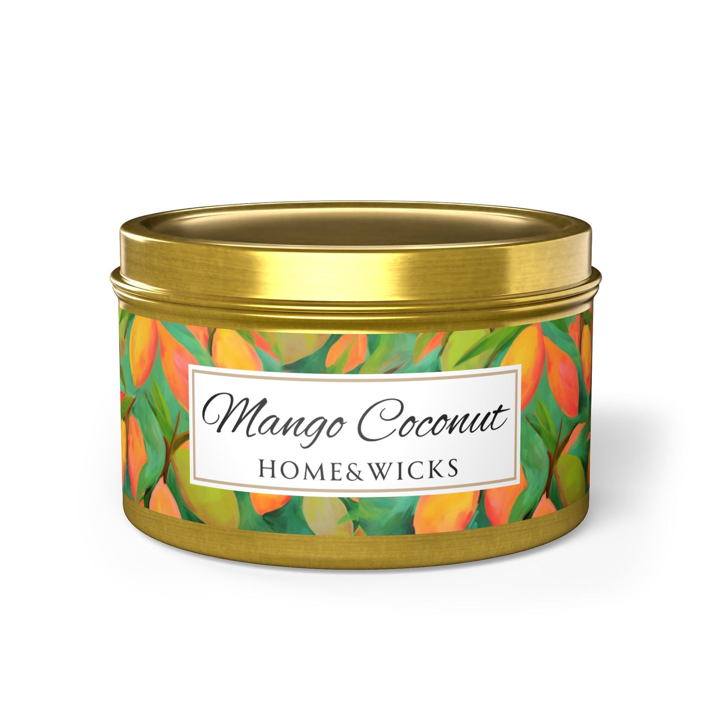 Mango Coconut Scented Coconut Apricot Wax Candle, 8 oz. Gold Tin Jar with Lid - Fruity Candle, Gift for Her, Tropical Candle, Summer Decor