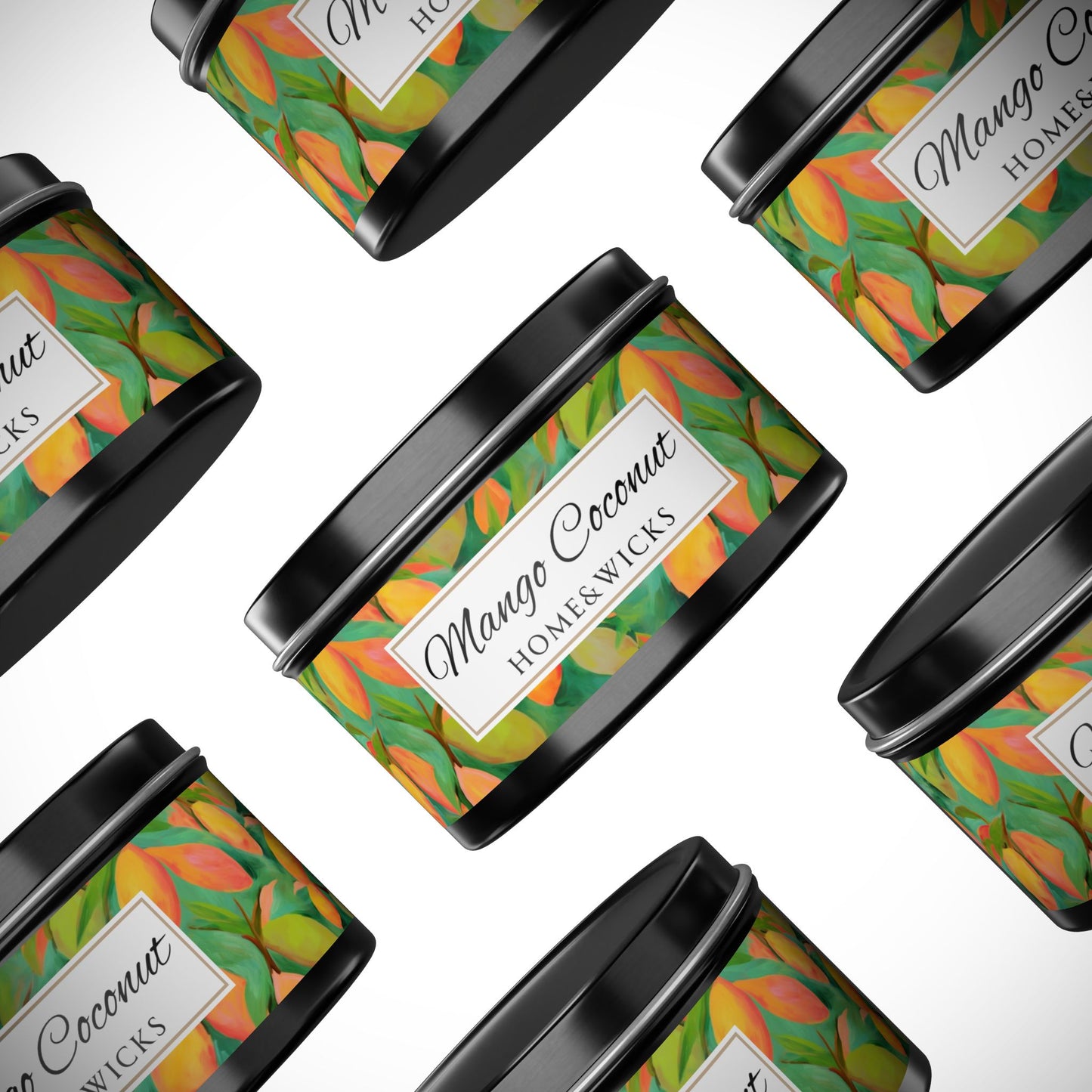 Mango Coconut Scented Coconut Apricot Wax Candle, 8 oz. Black Tin Jar with Lid - Fruity Candle, Gift for Her, Tropical Candle, Summer Decor