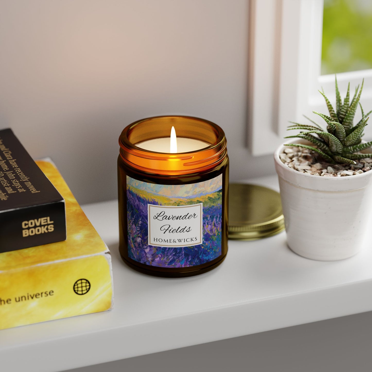 Lavender Fields Scented Coconut Apricot Wax Candle,  9 oz. Amber Jar with Gold Lid - Lavender Scented Candle, Home Decor, Spa Floral Candle