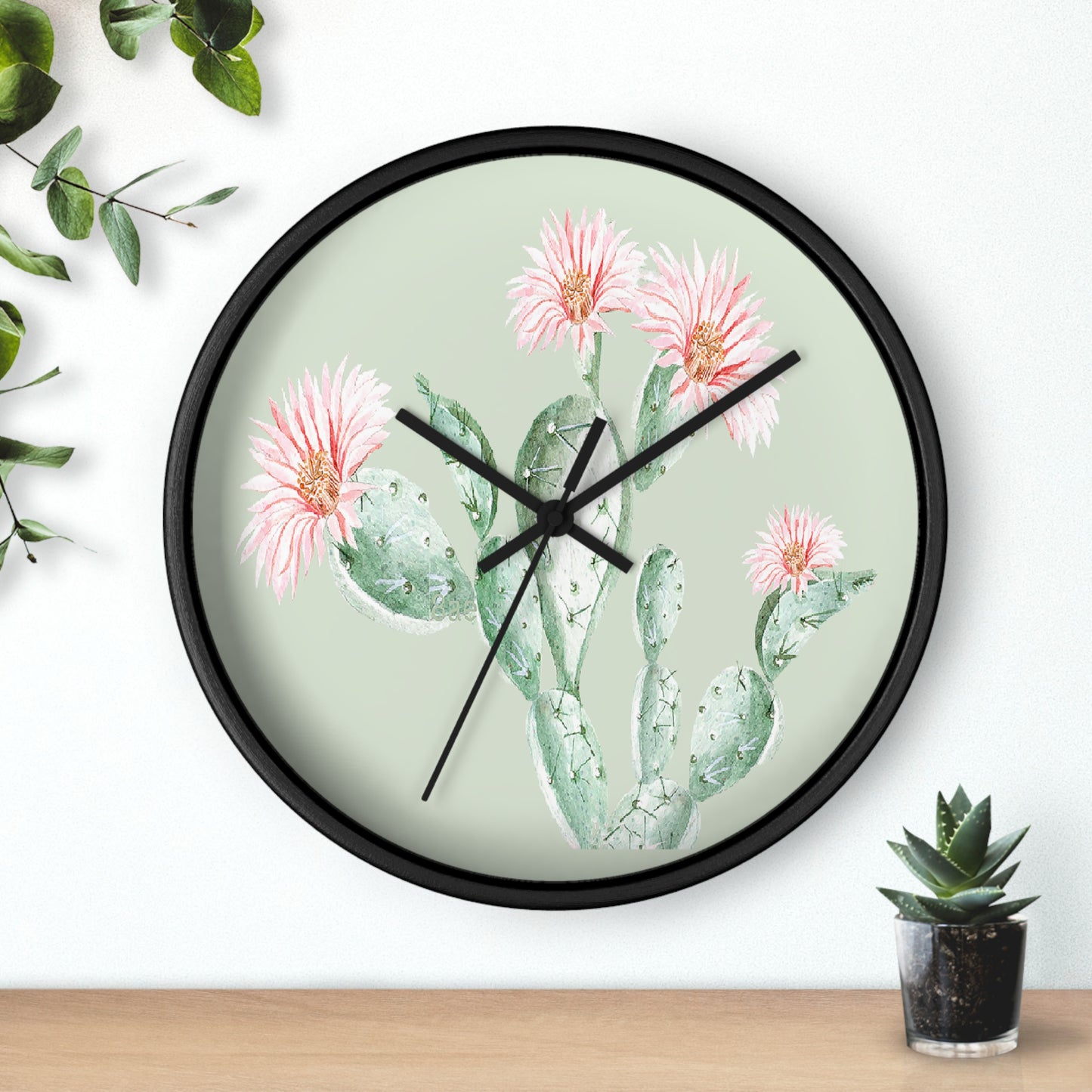 Cactus Flower Wall Clock - Select from Black, White or Natural Wood Color