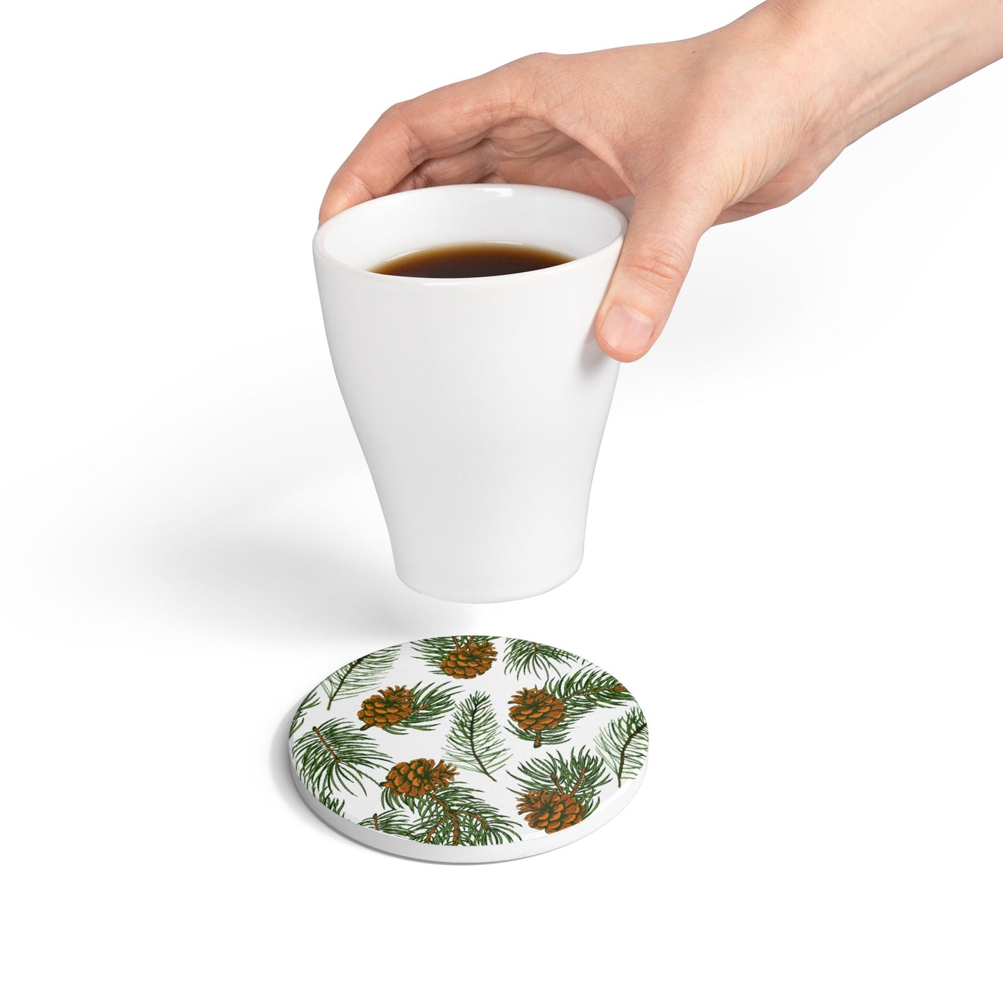Needles & Cones - Ceramic Tile Coaster, Cork Backed - Round or Square Size Choices,  Perfect for Home Decor & Gifts - Priced per coaster