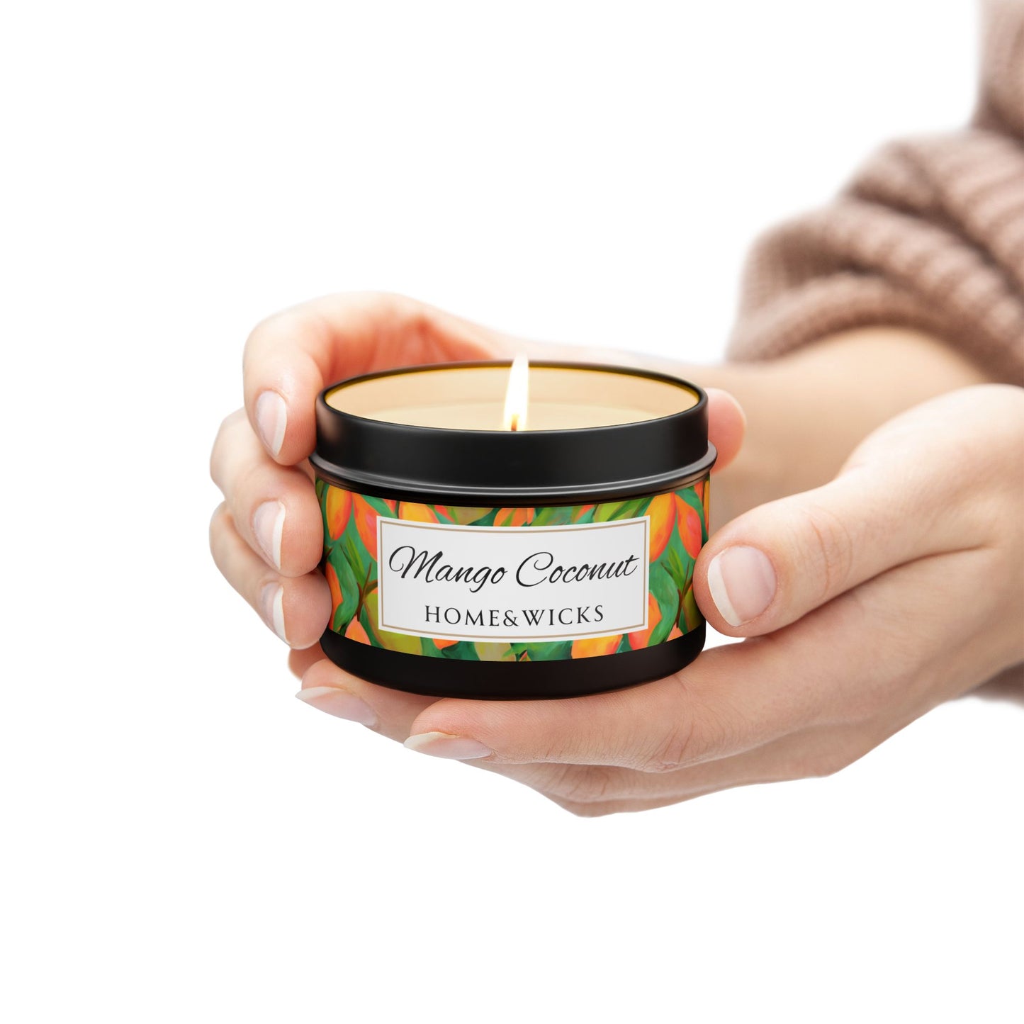 Mango Coconut Scented Coconut Apricot Wax Candle, 4 oz. Black Tin Jar with Lid - Fruity Candle, Gift for Her, Tropical Candle, Summer Decor
