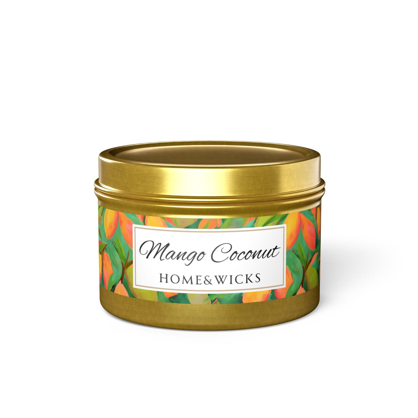 Mango Coconut Scented Coconut Apricot Wax Candle, 4 oz. Gold Tin Jar with Lid - Fruity Candle, Gift for Her, Tropical Candle, Summer Decor