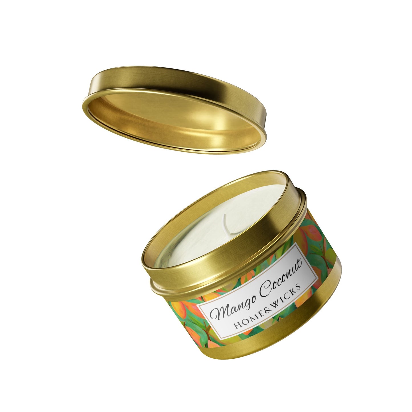Mango Coconut Scented Coconut Apricot Wax Candle, 4 oz. Gold Tin Jar with Lid - Fruity Candle, Gift for Her, Tropical Candle, Summer Decor