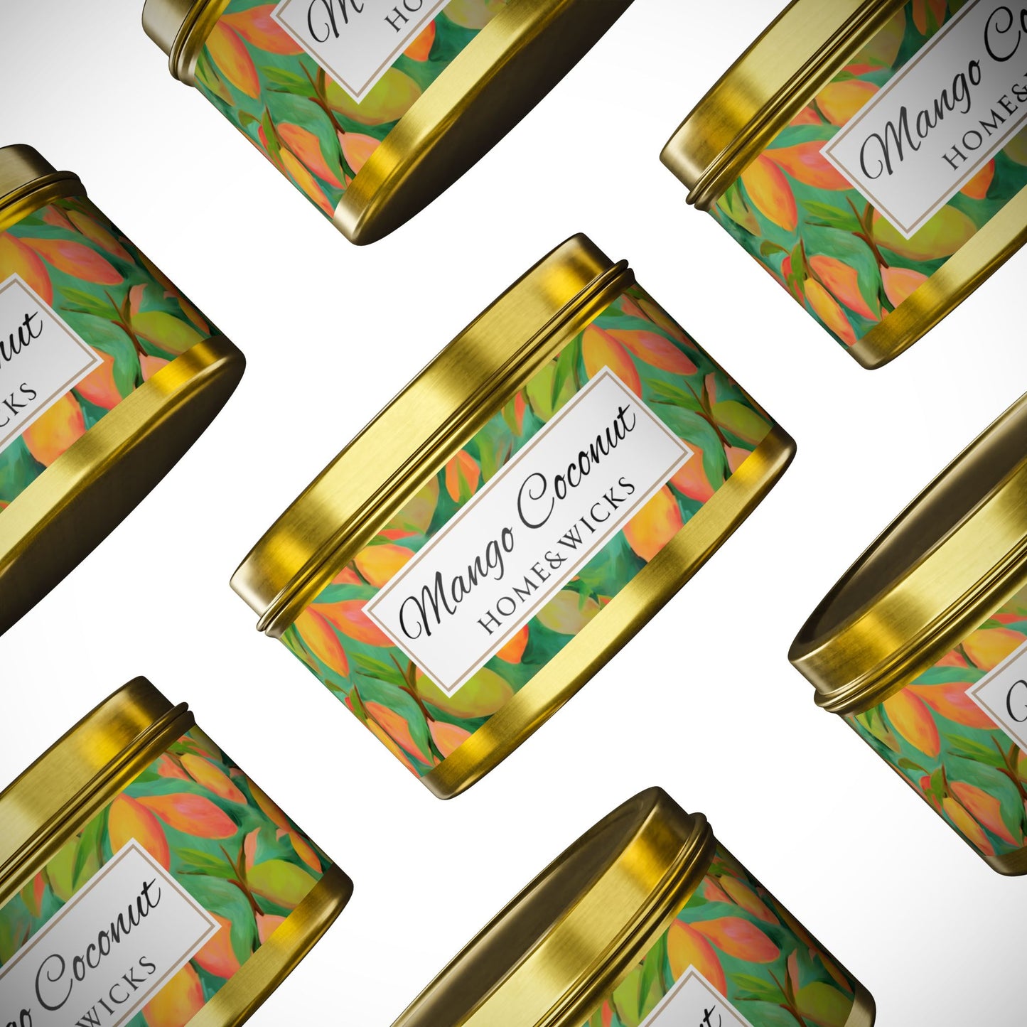 Mango Coconut Scented Coconut Apricot Wax Candle, 8 oz. Gold Tin Jar with Lid - Fruity Candle, Gift for Her, Tropical Candle, Summer Decor