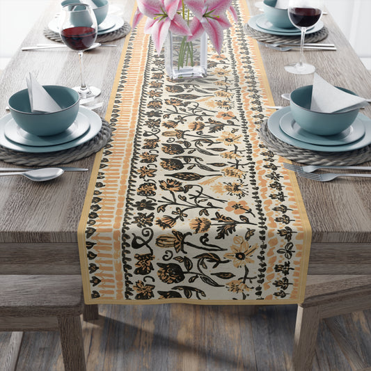 Fall Flowers Table Runner 16" x 72" or 16" x 90" Sizes - Fall Flowers Table Decor, Thanksgiving Table Runner, Halloween Table Runner, Fall Boho Table Decor, Orange & Black Table Runner, Cotton Twill or Polyester material choices