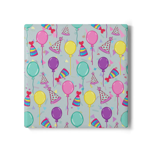 Happy Birthday square ceramic tile coaster with with birthday hats, confetti and balloons pattern with a blue-green light cyan background on white background