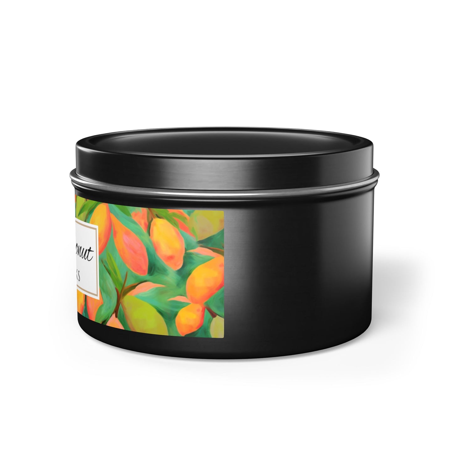 Mango Coconut Scented Coconut Apricot Wax Candle, 8 oz. Black Tin Jar with Lid - Fruity Candle, Gift for Her, Tropical Candle, Summer Decor