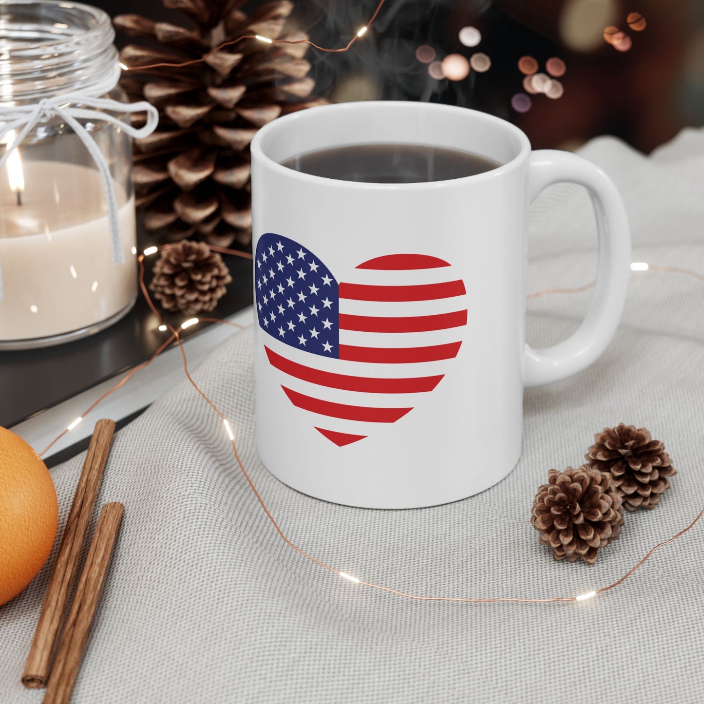 American Flag Heart Mug - 11 oz. & 15 oz. size options - Patriotic Heart Ceramic Mug, Independence Day Gift, Patriotic Coffee Cup, Love USA Drinkware
