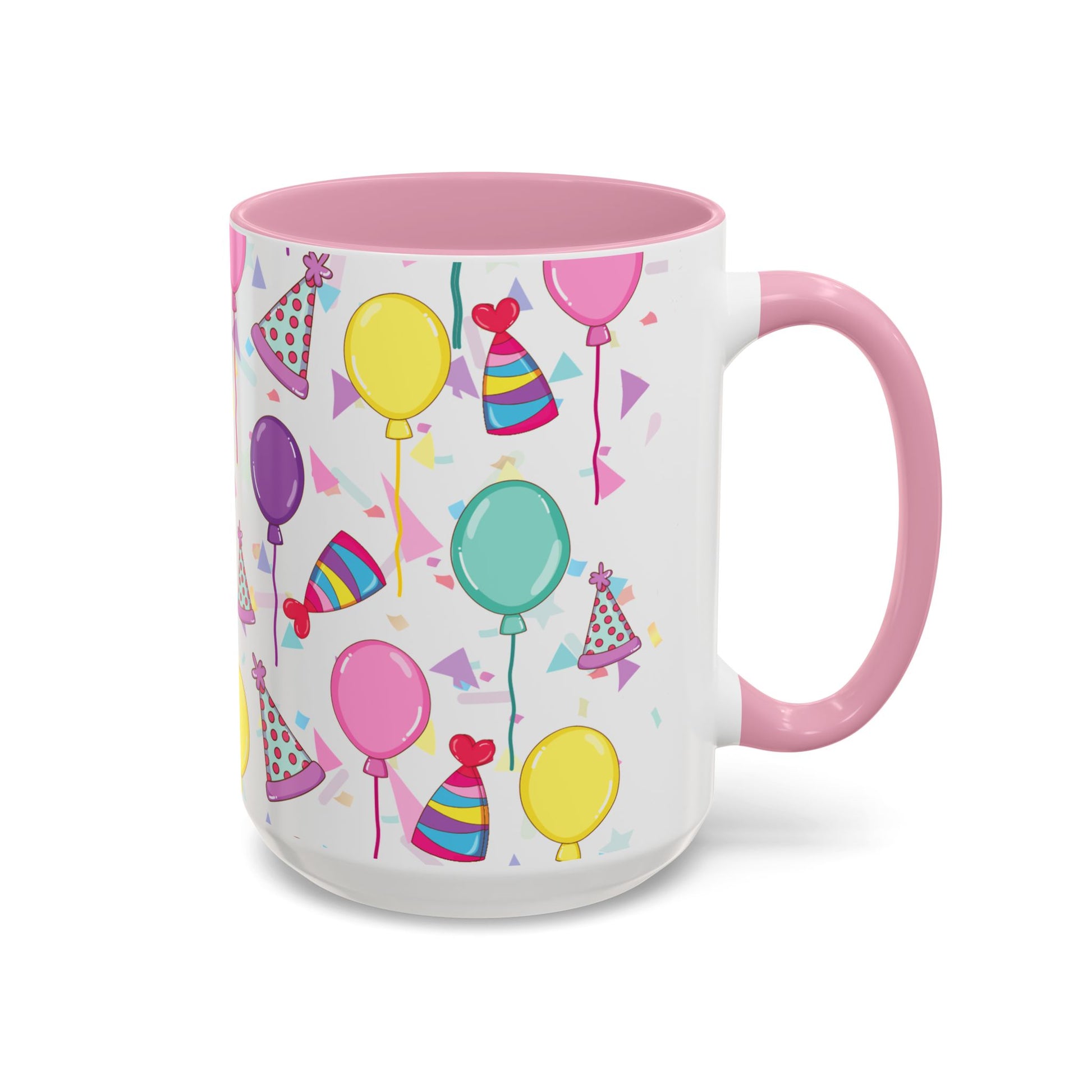 Happy Birthday mug with pink accent color with birthday hats, confetti and balloons pattern on a white background