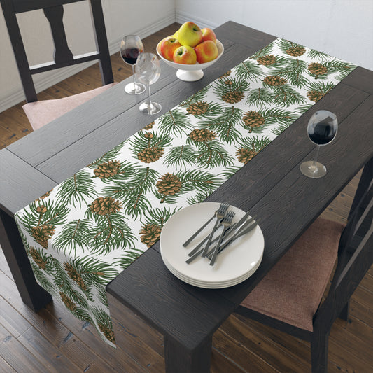 Needles & Cones Table Runner - 16" x 72" or 16" x 90" Size Options - Christmas Table Runner, Winter Table Decor, Holiday Table Runner - Cotton Twill or Polyester choices