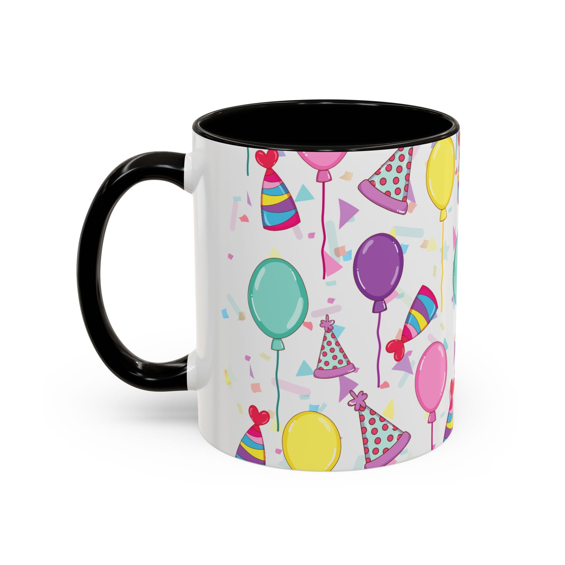 Happy Birthday mug with black accent color with birthday hats, confetti and balloons pattern on a white background
