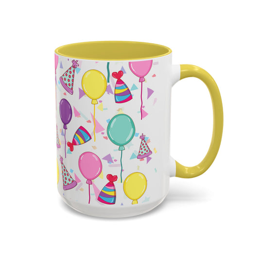 Happy Birthday mug with yellow accent color with birthday hats, confetti and balloons pattern on a white background