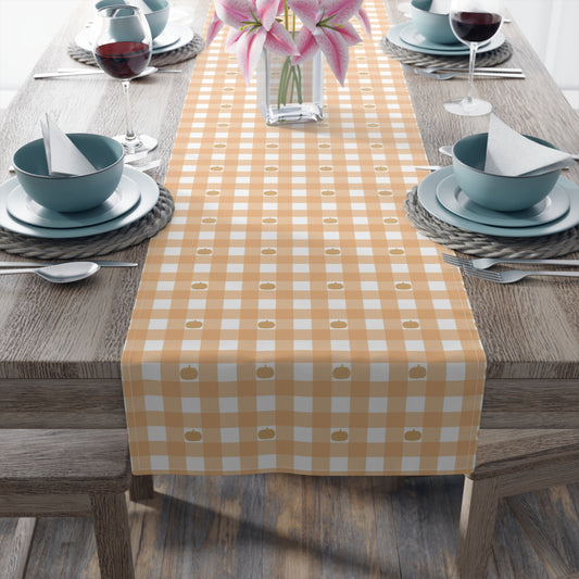 Pumpkin Gingham Table Runner 16" x 72" or 16" x 90" Sizes,  Fall Table Decor, Farmhouse Fall Table Runner Decor, Cotton Twill or Polyester material choices