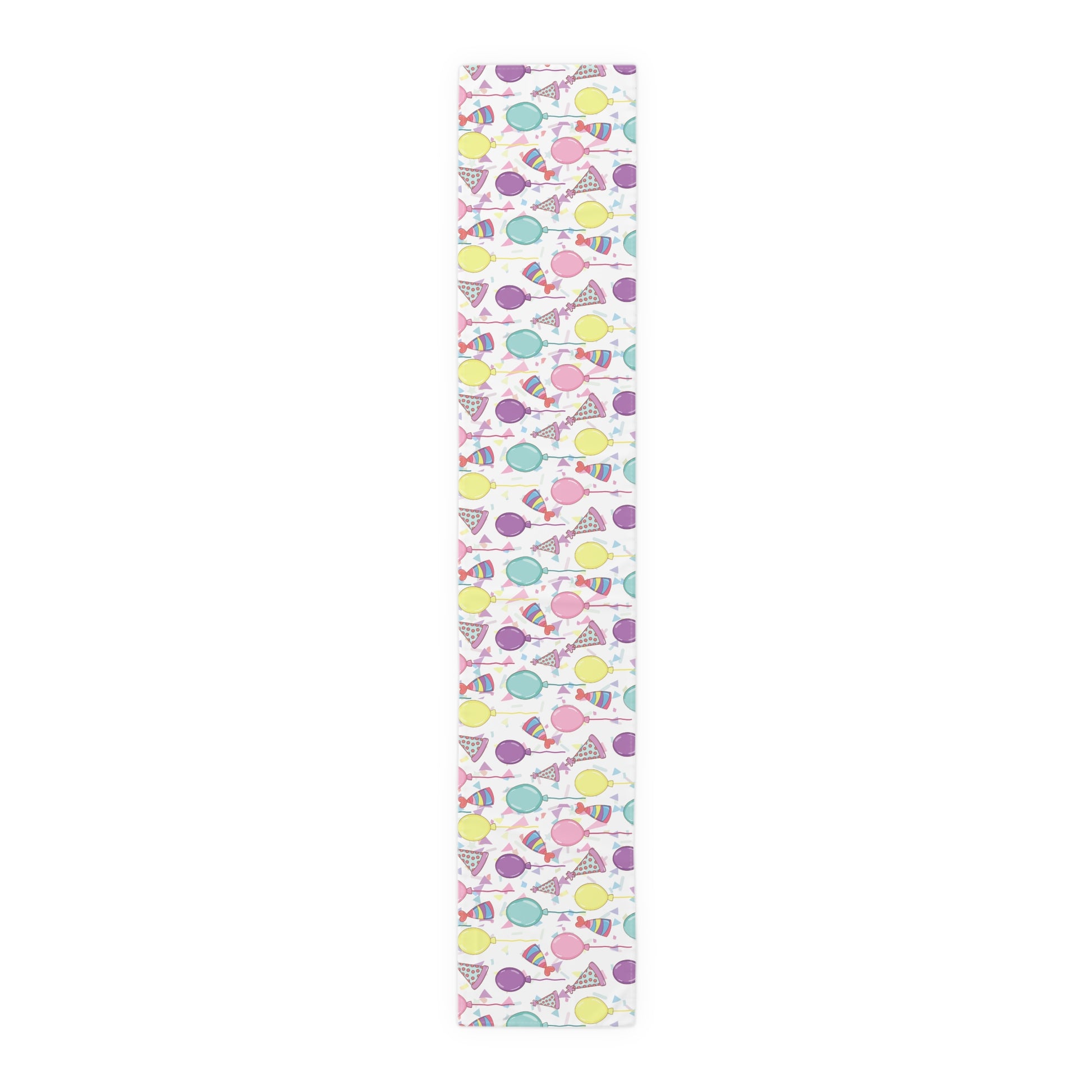 Table runner with birthday hats, confetti and purple, yellow, blue and pink balloons on a white background 