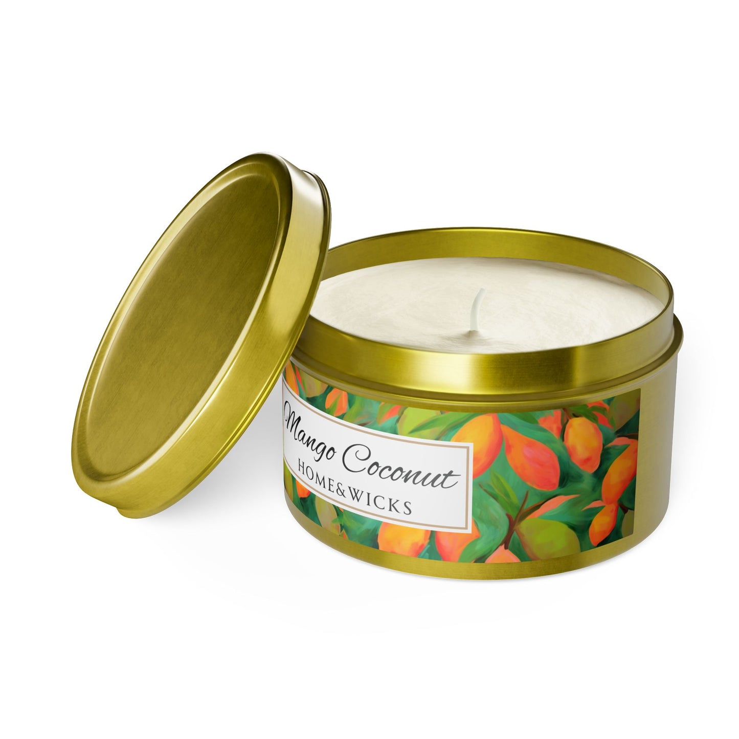 Mango Coconut Scented Coconut Apricot Wax Candle, 8 oz. Gold Tin Jar with Lid - Fruity Candle, Gift for Her, Tropical Candle, Summer Decor