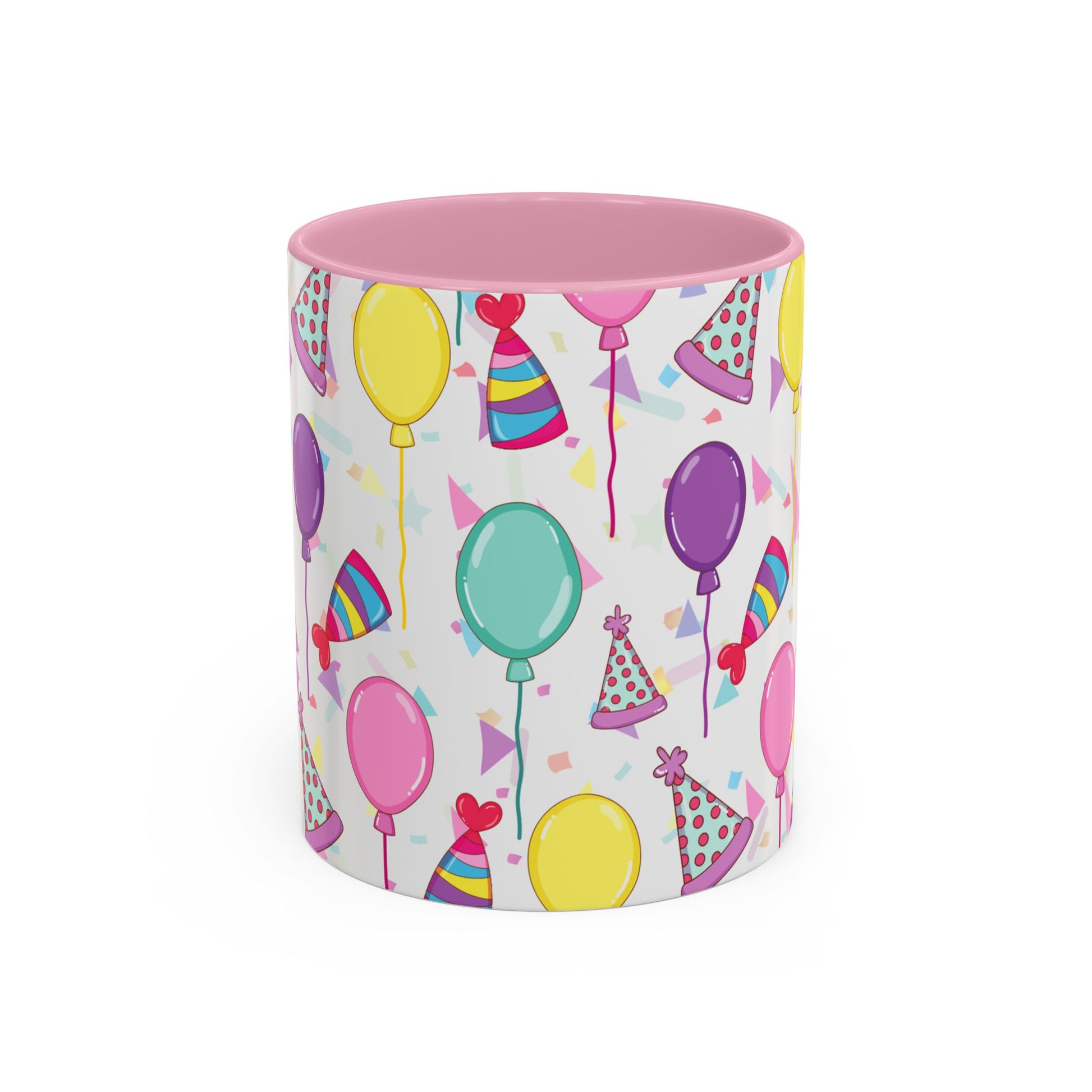 Happy Birthday mug with pink accent color with birthday hats, confetti and balloons pattern on a white background