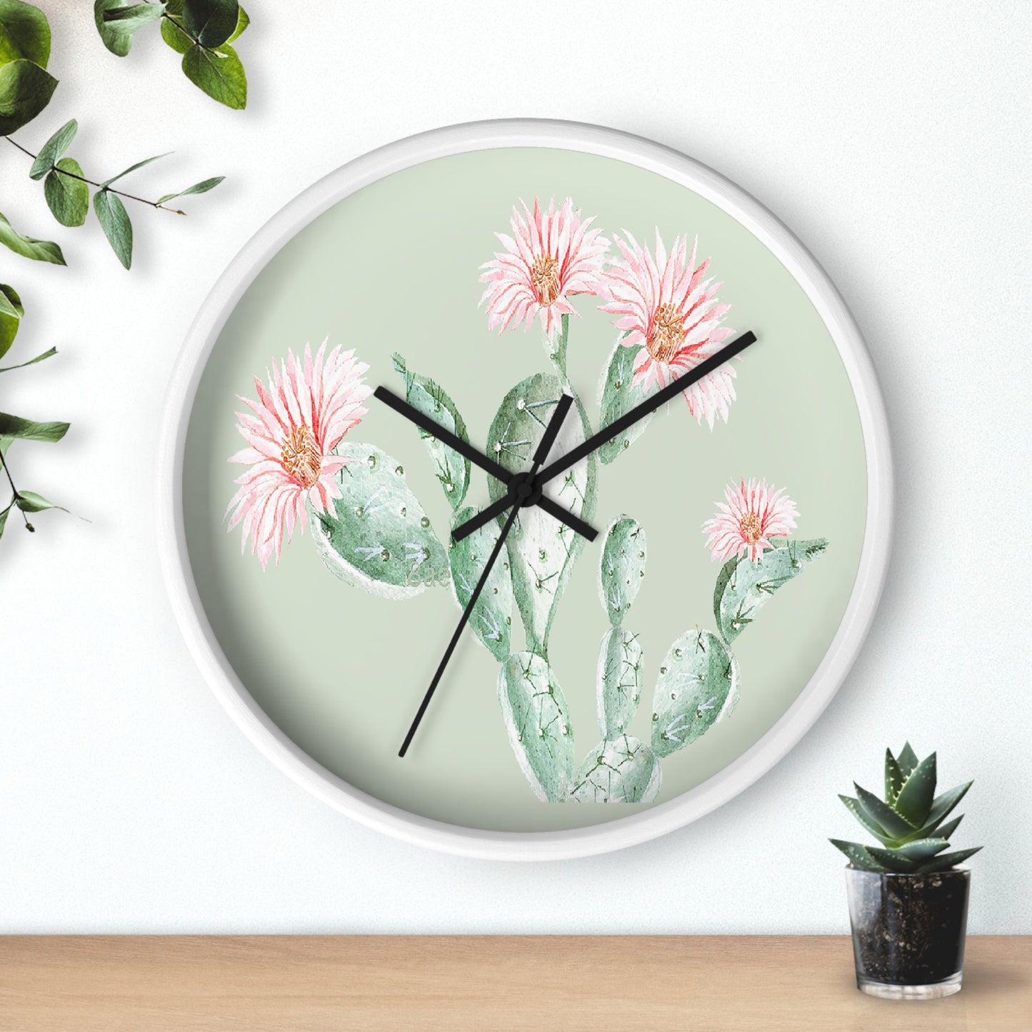 Cactus Flower Wall Clock - Select from Black, White or Natural Wood Color