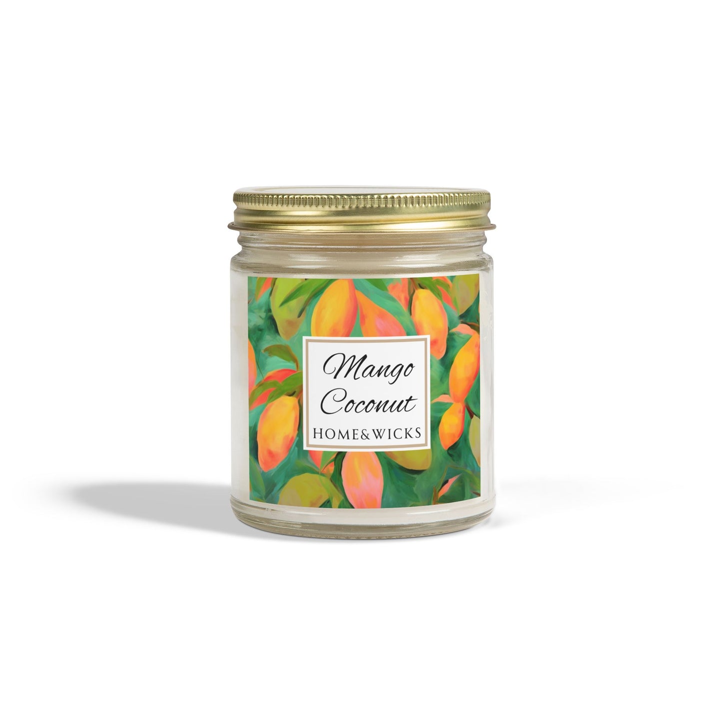 Mango Coconut Scented Coconut Apricot Wax Candle, 9 oz. Clear Jar with Gold Lid - Fruity Candle, Gift for Her, Tropical Candle