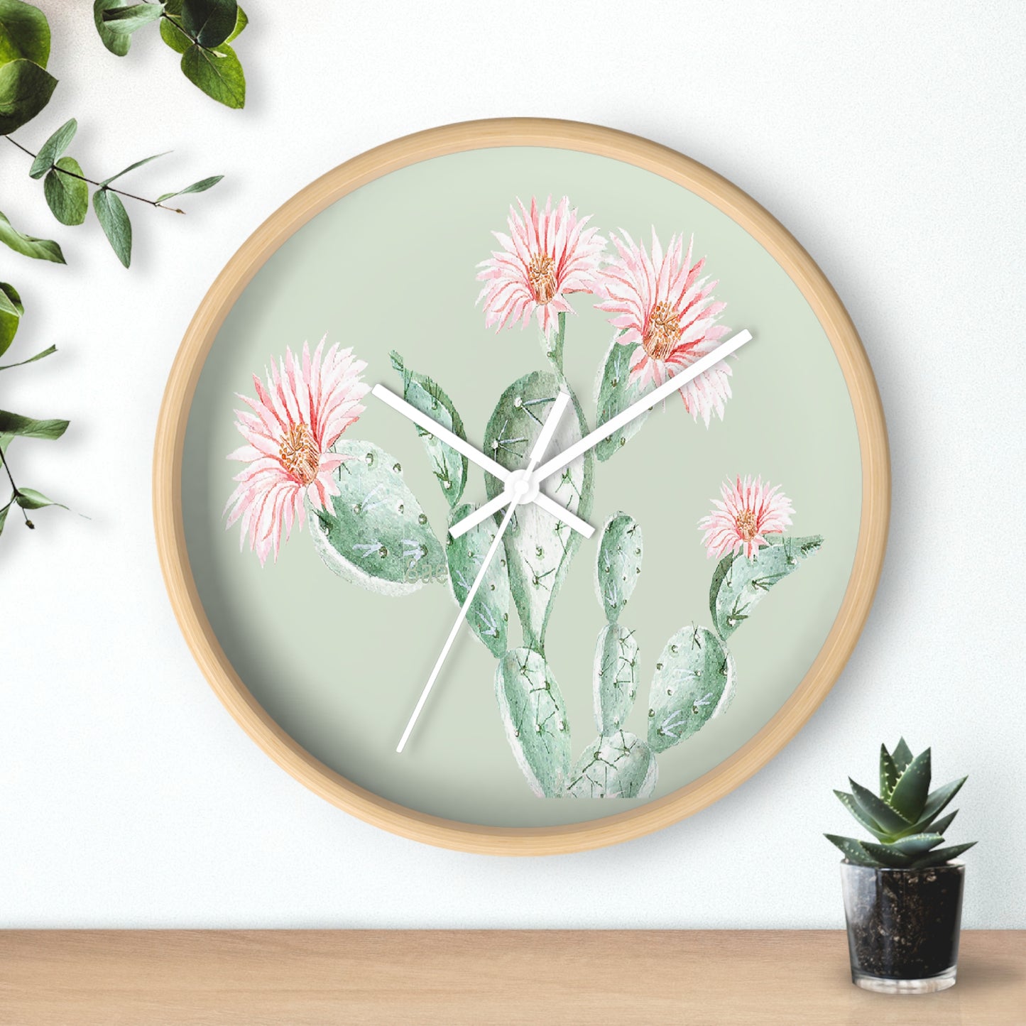 Cactus Flower Wall Clock - Select from Black, White or Natural Wood Color