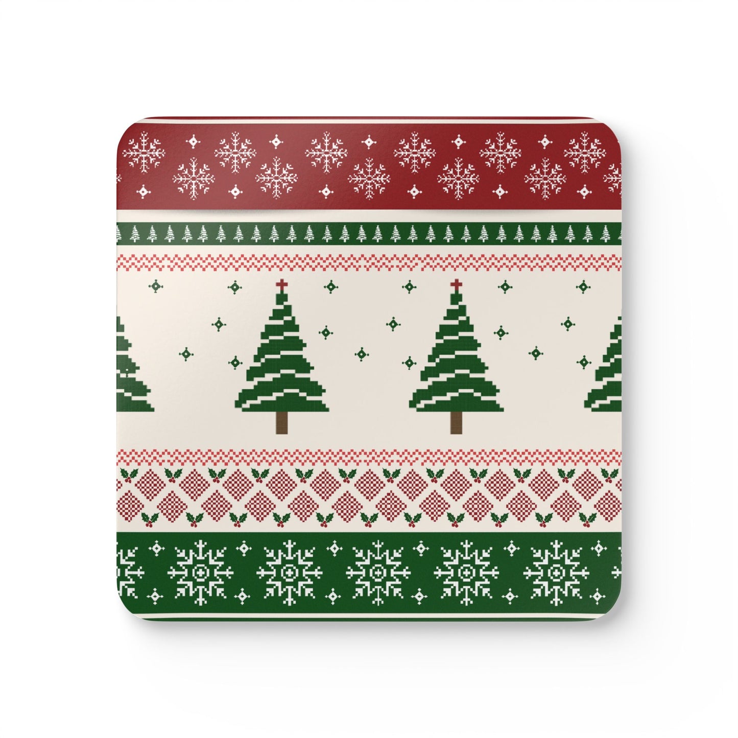 Christmas Trees Coasters, Set of 4, Green and Red Coaters, Christmas Table Decor, Coasters Gift Set, Cork Backed Coasters, Christmas Drink Coasters