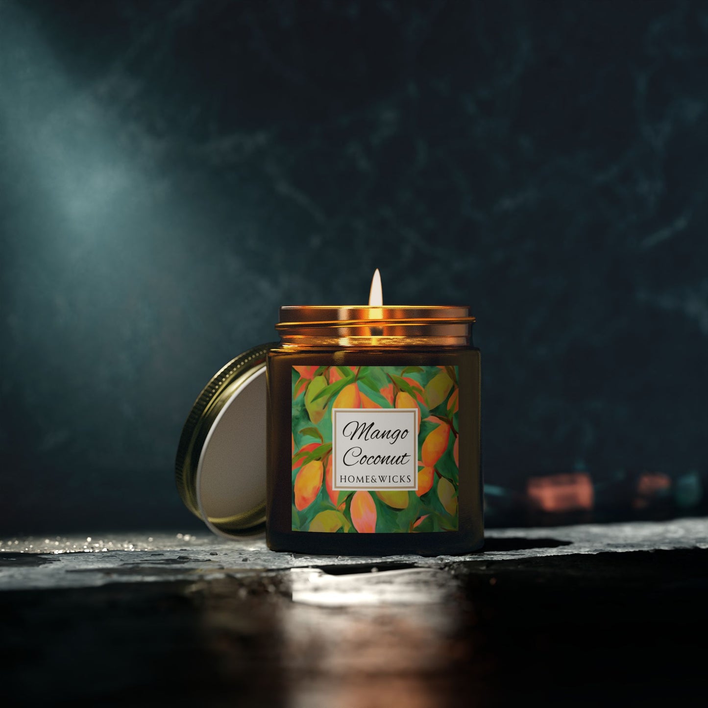 Mango Coconut Scented Coconut Apricot Wax Candle, 4 oz. Amber Jar with Gold Lid - Fruity Candle, Gift for Her, Tropical Candle