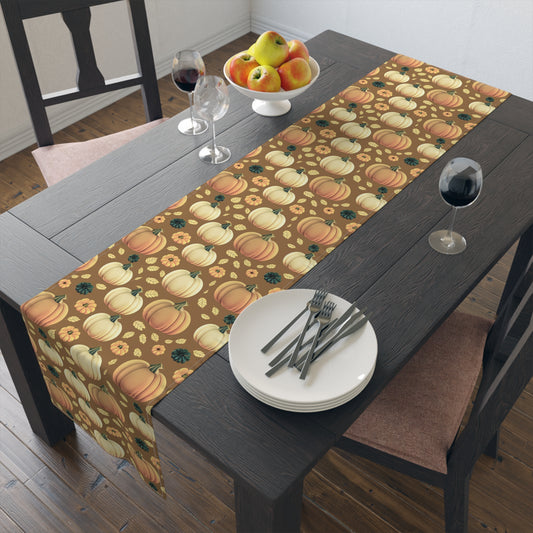 Fall Pumpkin Table Runner - 16" x 72" or 16" x 90" Size Options - Thanksgiving / Fall Table Runner, Pumpkin Thanksgiving Design Table Setting, Halloween Fall Decor - Cotton Twill or Polyester choices