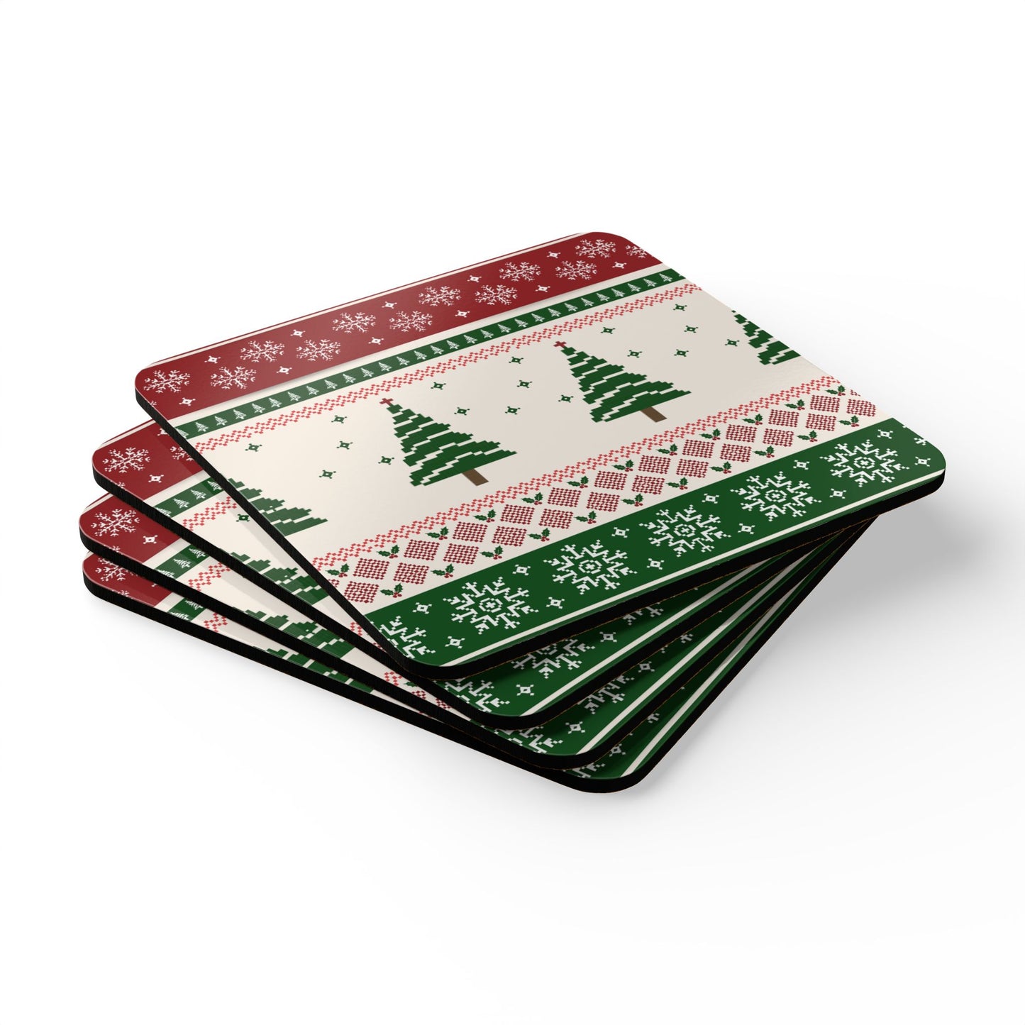 Christmas Trees Coasters, Set of 4, Green and Red Coaters, Christmas Table Decor, Coasters Gift Set, Cork Backed Coasters, Christmas Drink Coasters