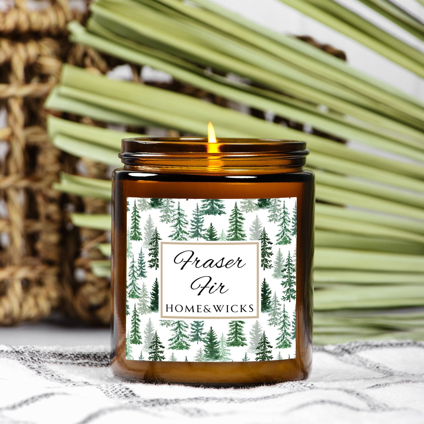 Fraser Fir Coconut Apricot Wax Candle, 9 oz. Amber Jar with Gold Lid, Cotton Wick - Christmas Candle, Holiday Decor, Winter Candle