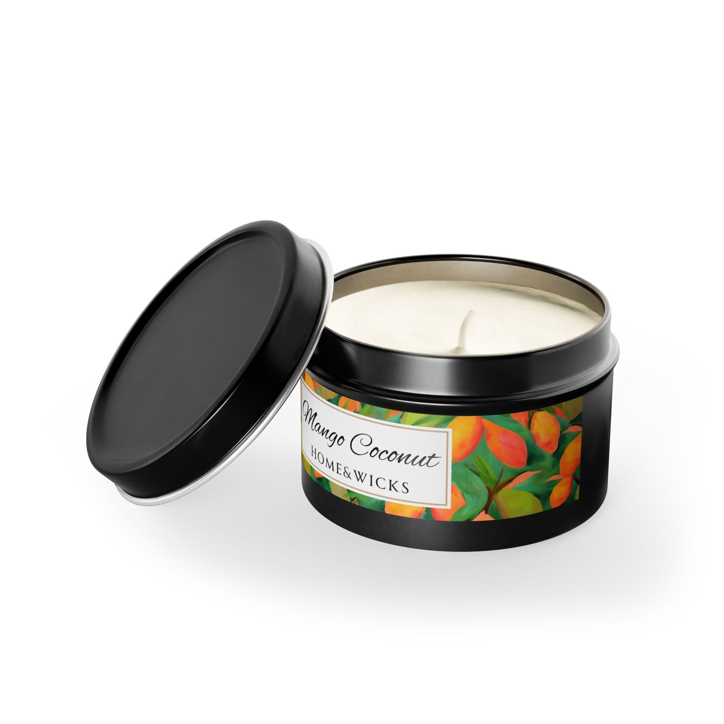 Mango Coconut Scented Coconut Apricot Wax Candle, 4 oz. Black Tin Jar with Lid - Fruity Candle, Gift for Her, Tropical Candle, Summer Decor