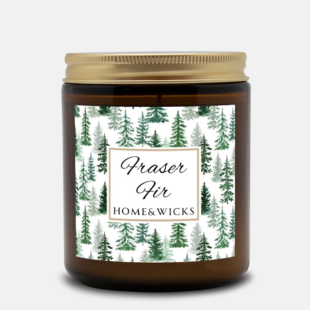 Fraser Fir Coconut Apricot Wax Candle, 9 oz. Amber Jar with Gold Lid, Cotton Wick - Christmas Candle, Holiday Decor, Winter Candle