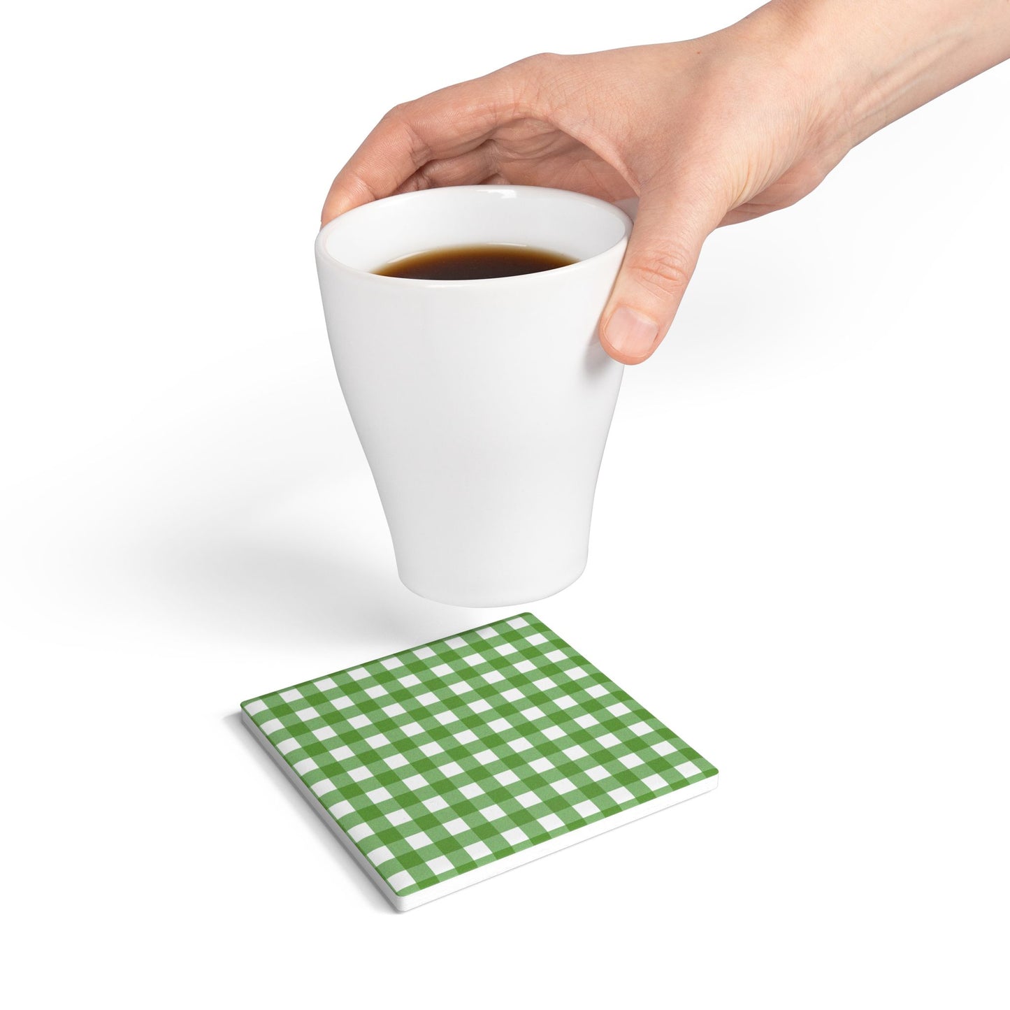 Green Gingham Ceramic Tile Coaster - Cork Backed, Round or Square Size Choices, Perfect for Christmas, Green Home Decor & Gifts - Priced per coaster